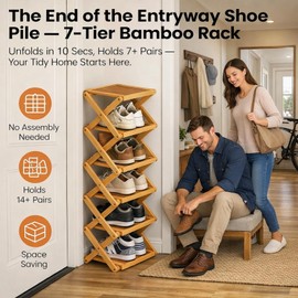 Foldable Shoe Rack, Bamboo Vertical Shoe Organizer Tall for Small Spaces. Multifunctional Narrow Shoe Shelf for Entryway, Closet, Corner, Bedroom, Hallway, Wood Color 3 Layers