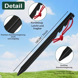flintronic Tent Pegs, Heavy-Duty 18 cm Tent Pegs, 12 Pieces Metal Tent Hooks, Aluminium Pegs with Reflective Rope, Ideal for Garden, Camping, Fishing and Camping (Black) 12