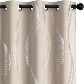 Deconovo Foil Print Blackout Curtains, Wave Striped Room Darkening Curtains, Thermal Insulated Curtains & Drapes, 42x45 Inch, Light Beige, 2 Panels
