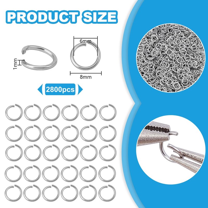 PH PandaHall 2800pcs 304 Stainless Steel Open Jump Rings 8mm