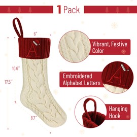Mr. Pen- Christmas Stockings with Initials, 18", Letter A, Cream and Red, Cable Knit Stockings for Christmas, Cable Knit Christmas Stocking for Christmas, Large Knit Stockings Christmas