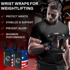 TECEUM Weightlifting Wrist Wraps with Thumb Loop – US Flag – Beast Mode – 12 inch – Heavy-Duty Workout Wrist Support & Protection – Ideal for Powerlifting, Strength Training, Bodybuilding