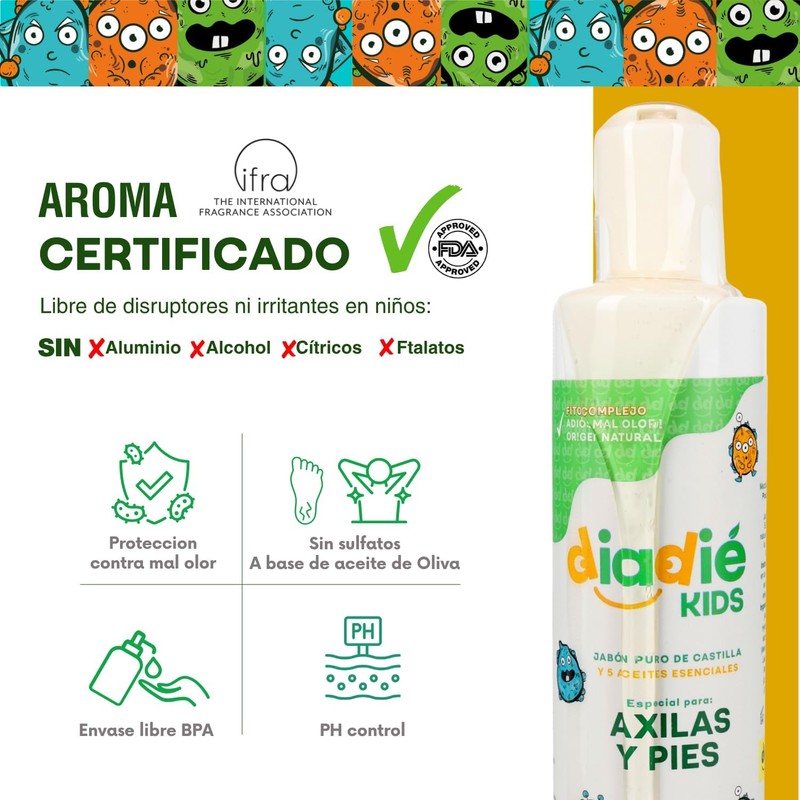 DIADIE KIDS Jabón Desodorante Natural para Niños axilas y pies