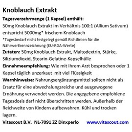 Garlic 180 Capsules 5000 mg Each (= Extract 50 mg 100:1) High Dose / Garlic - No Magnesium Stearate - Premium Quality VITASCOUT®