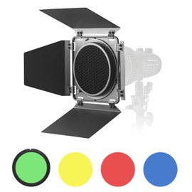 WELLMAKING (puerta de granero) Puerta de granero con rejilla de panal y 4 filtros de gel de color (rojo, naranja, azul verde) para cualquier luz LED, diseñado con soporte Bowens en la parte posterior