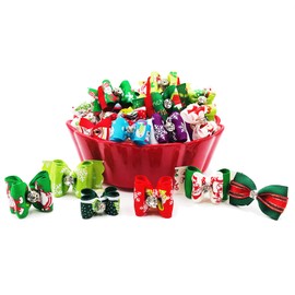 BIPY 50Pcs Christmas Dog Hair Bows with Rubber Bands for Small Dogs Cats Puppy Xmas Tree Santa Claus Snowman Topknot Holidays Festival Pet Assorted Grooming Accessories Random Color