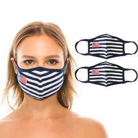unik Cloth Face Covering with American Flag embroidered on the side, 2 Pack, Blue and White Stripes, Washable and Reusable. Unisex- Adult Size Striped Flag