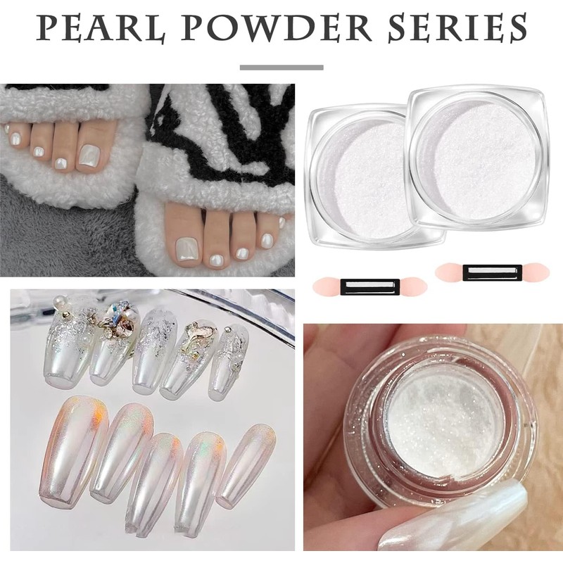2PCS Cromo Efecto Espejo Uñas Blanco Perla Polvo Uñas Brillo