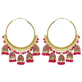 Indian Gold Pearl Bead Ethnic Fashion Traditional Boho Jhumka Dangle Hoop Earrings Jewelry (ROUND) (PINK)