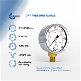 CARBO Instruments 2-1/2" Pressure Gauge, Chrome Plated Steel Case, Dry, 0-300 psi/kPa, Lower Mount 1/4" NPT