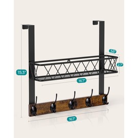 OHOBOX Over The Door Hooks Organizer - Door Coat Hanger with 10 Hooks & Mesh Basket, Door Coat Rack for Hanging Clothes, Over The Door Towel Racks for Bathroom, Bedroom, Kitchen, Rustic Brown