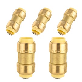 （Pack of 5）Foskan Push Fit Fittings, 1 Inch x 1 Inch Brass Straight Coupling With Disconnect Clip, Push to Connect PEX, Copper, CPVC Pipes for Pipe Repairs & Projects