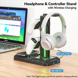 KDD Headphone & Controller Stand with Wireless Charging - Rotatable Headset Stand with 9 Light Modes - Controller Holder with 2 USB and Type C Ports - for Gamers Desktop Accessories