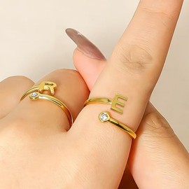 JUTOLOKA 2 PCS 14K Gold Plated Initial Rings for Women | Adjustable Open Ring | Cubic Zirconia Letter Rings | Stackable Rings for Women (M/R)