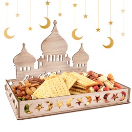 Ramadan Plate Eid Mubarak Decorative Tray with Moon Star Castle Pattern Ramadan Tableware Set Table Decoration Wooden Tray for Kareem Party (Castle)