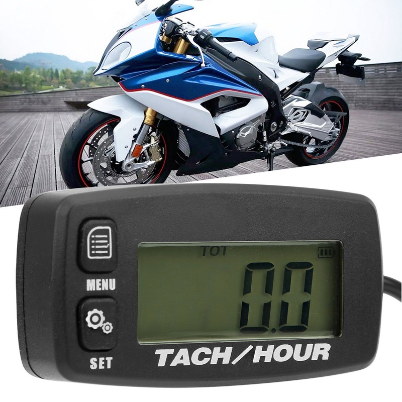 LCD Backlit Gauge Resettable Inductive Tachometer Hour Meter for 2/4