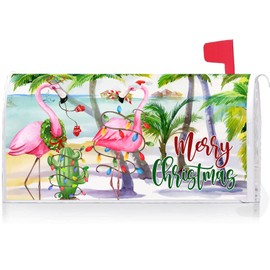 Texupday Merry Christmas Hawaii Beach Flamingo Decoration Mailbox Cover with Magnetic Strip Winter Holiday Mailbox Wraps Post Letter Box Cover Standard Size 21" X 18" for Garden Outdoor Yard Decor
