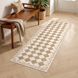 Beeiva Checkered Runners for Hallways 2x6, Floral Beige Washable Kitchen Runner Rug Non Slip Ultra Thin, Framhouse Neutral Low Pile Soft Print Carpet Rug for Bathroom Entryway Bedroom Laundry