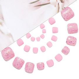 Handcess Glitter False Toenails Pink Press on Toe Nail Glossy Fake Toenails Full Cover Acrylic Toe Nail Art Tips for Women and Girls 24Pcs