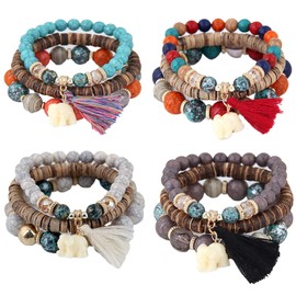 Caiyao Bohemian Stackable Wood Wooden Beads Elephant Charm Tassel Stretchy Bracelet Set for Women Men Multilayered Multicolor Acrylic Resin Seeds Bracelet Ethnic Jewelry Gift-A elephant