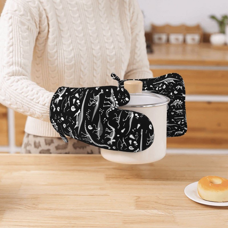 Oven Mitts and Potholders Black and White Dinosaur Skeleton Skulls