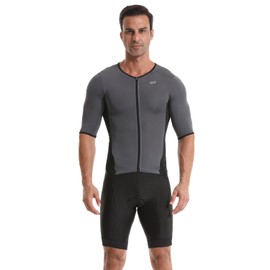 Wulibike Men's Trisuit Short Sleeve Triathlon Suit,Breathable and Quick Drying Mens Triathlon Tri Suit，Cycling Suit Mens Grey L