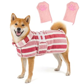 Quick Drying Dog Bathrobe - Super Absorbent Dog Bathrobe with 2 Drying Gloves Coral Fleece Quick Drying Towel for Medium Dogs Adjustable Velcro Button Closure, L Size Fits Chest 25.6±1.2 Inches