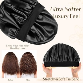 Candibella Silk Bonnet for Hair with 3 Scrunchies, Adjustable Silk Hair Cap for Sleeping, Satin Bonnet for Curly Hair with Wide Elastic Tie Band, Black, One size