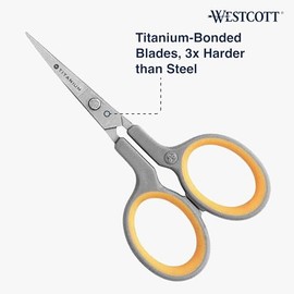 Westcott - Tijeras de bordado de 4 pulgadas con hojas de titanio para manualidades, costura y más, gris/amarillo