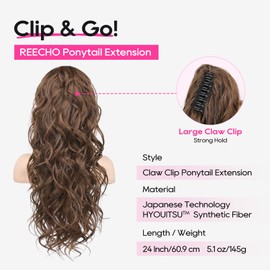 REECHO Ponytail Extension, 24" Claw Clip Ponytail Extension Wavy Ponytails Hair Extensions Jaw Clip on Pony Tails Natural Synthetic Hairpiece for Women Daily, Medium Chocolate Brown