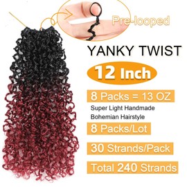 Aksice Yanky Twist Crochet Hair Burgundy 12 Inch 8 Packs Bohemian Passion Mini Twist Hair Pre-looped Crochet Braids Plus Yanky Twist Hair Extensions for Women (1B/BUG#)