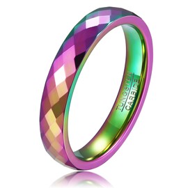 MYNENEY 4mm/6mm Gold Tungsten Faceted Ring for Men Women Couple Rings Bands Comfort Fit Engagement Wedding Bands Size 5-12 (Rainbow-4mm, 5)