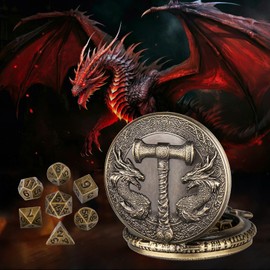 Mini DND Dice Set with Warhammer and Two Dragons Pocket Watch Shell Case, DND Starter Set, 7pcs Polyhedral Mini Metal Dice Set, D&D Gifts with Gift Box, Role Playing Board Game Accessories, Bronze