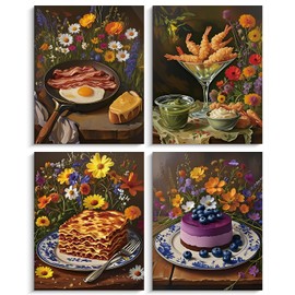 Funny Kitchen Food Wall Art Decor - 4 Pieces Colorful Flower And Food Kitchen Artwork Aesthetic Painting Dark Dessert Still Life Wall Art Pictures Canvas,for Modern Dining Bar Room Decor 8x10inch