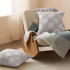 Double Stitch 100% Cotton Throw Pillow Covers - Set of 2 Checkered Tufted Boho Decorative Pillow Covers 20x20, Made in India, Square Cushion Case, Modern Home Decor for Couch, Sofa, Winter Sky