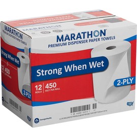 Marathon Dispenser Roll Towels, 12 Count, Non-Perforated, 2-Ply White Paper Towels
