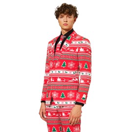 Opposuits Men's Red Christmas Suit - Festive X-Mas Holiday Nordic Outfit - Red and White Print - Includes Blazer, Pants - Tie