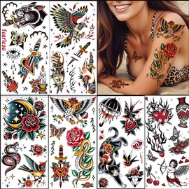 Tazimi Classic Temporary Tattoos for Adult, Waterproof Long-Lasting American Old School Fake Tattoos, Realistic Traditional Colorful Flower Animal Half Arm/Tiny Tattoo Stickers for Women Men Kids