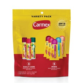 Carmex Daily Care and Daily Care Minis Paquete de Bálsamo Labial Hidratante, SPF 15, Bolsa de Paquete Variado de Cuidado Labial Multi-Sabor, 8 Unidades (3 Barras, 5 Mini Tubos)
