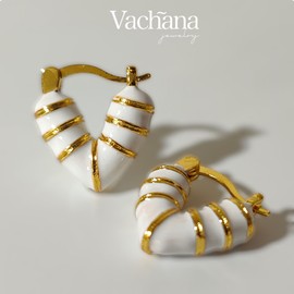 Golden & White Enamel Heart Hugging Hoop Earrings