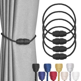 Pretty Jolly 4 Pack Strong Magnetic Curtain Tiebacks Handmade Weave Side Rope Curtain Holdbacks Unique & Elegant Decorative Curtain Drape Tie Backs for Home & Office Window Drapery (Black)