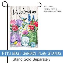 Texupday Welcome Colorful Blooms Floral Mason Jar Bird Decoration Spring Summer Garden Flag Seasonal Holiday Outdoor Yard Banner 12" x 18"
