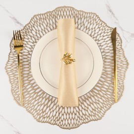 Placemats Set of 6, 15 Inch Vinyl Metallic Table Mats Gold Round Place Mats Dinning Table Decor for Wedding Christmas Thanksgiving Holiday