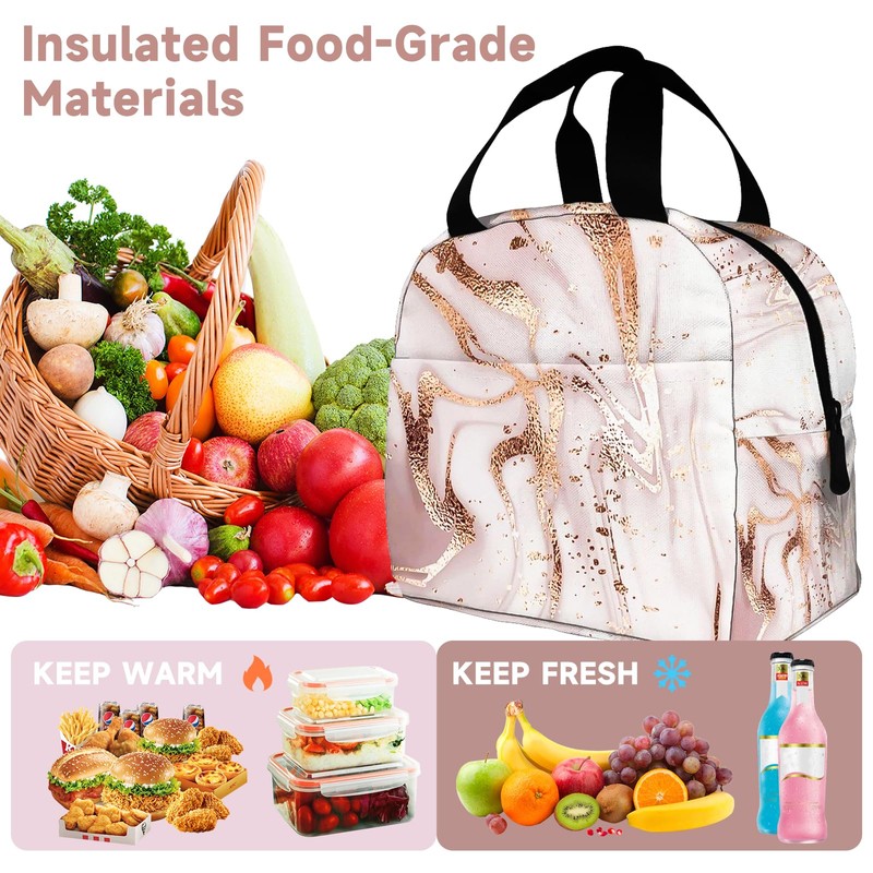 Reusable Insulated Lunch Bag, Rose Golden Marble Lunch Bag, Portable