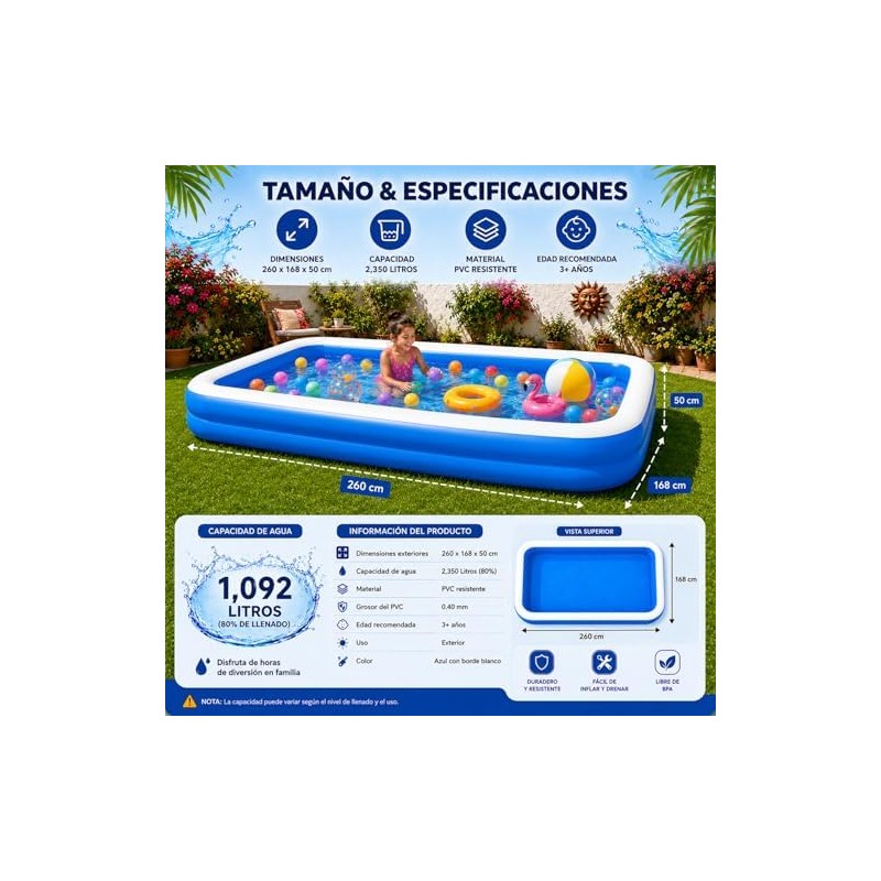 Alberca Inflable 262x175x50cm para Niños y Adultos, Piscina Rectangular Familiar