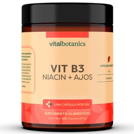 Vitamina B3  Niacina y Ajo. Con 120 capsulas de 500mg (4 meses). VitalBotanics. Multivitaminico, Vitaminas. Suplementos Alimenticios. Libre de Gluten 