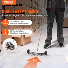 VEVOR 15-Inch Magnetic Sweeper with Wheels, 8 lbs Capacity, with Telescoping Magnetic Pickup Tool, Adjustable Handle, Magnetic Pickup Sweeper to Pick Up Nails and Screws, for Workshop, Garage, Yard