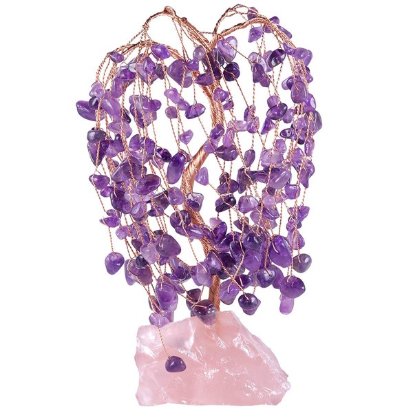 mookaitedecor Amethyst Crystal Tree of Life with Rose Quartz Rough Stone Base Bonsai Money Tree Decoration for Wealth and Luck 6-6.7 Inch