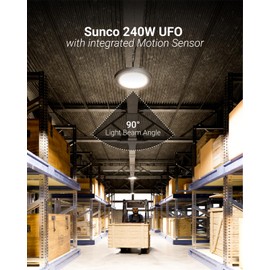 Sunco High Bay LED Shop Light with Motion Sensor, for Garage or Workshops with Wireless Remote, 240W, 36000 Lumens, 5000K Daylight, Dimmable (0-10V), IP65 Waterproof UL/DLC