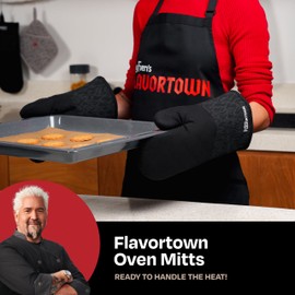 Guy Fieri's Flavortown Kitchen Essentials Bundles, Black Flame 2-Piece Oven Mitts Set, High Heat Resistant up to 450°F, Durable Cotton, Ideal for Cooking, Grilling & Hot Cookware